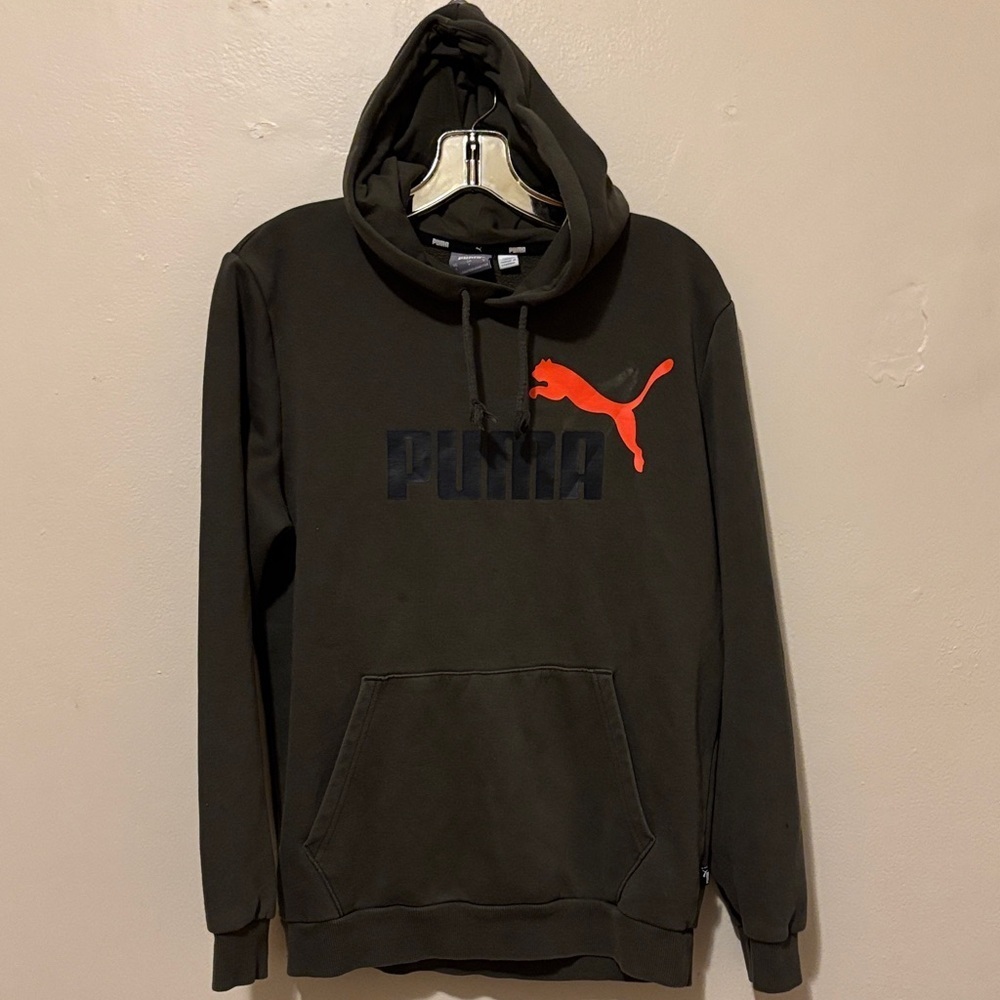 Puma Men's Dark Hoodie with Vibrant Orange Logo